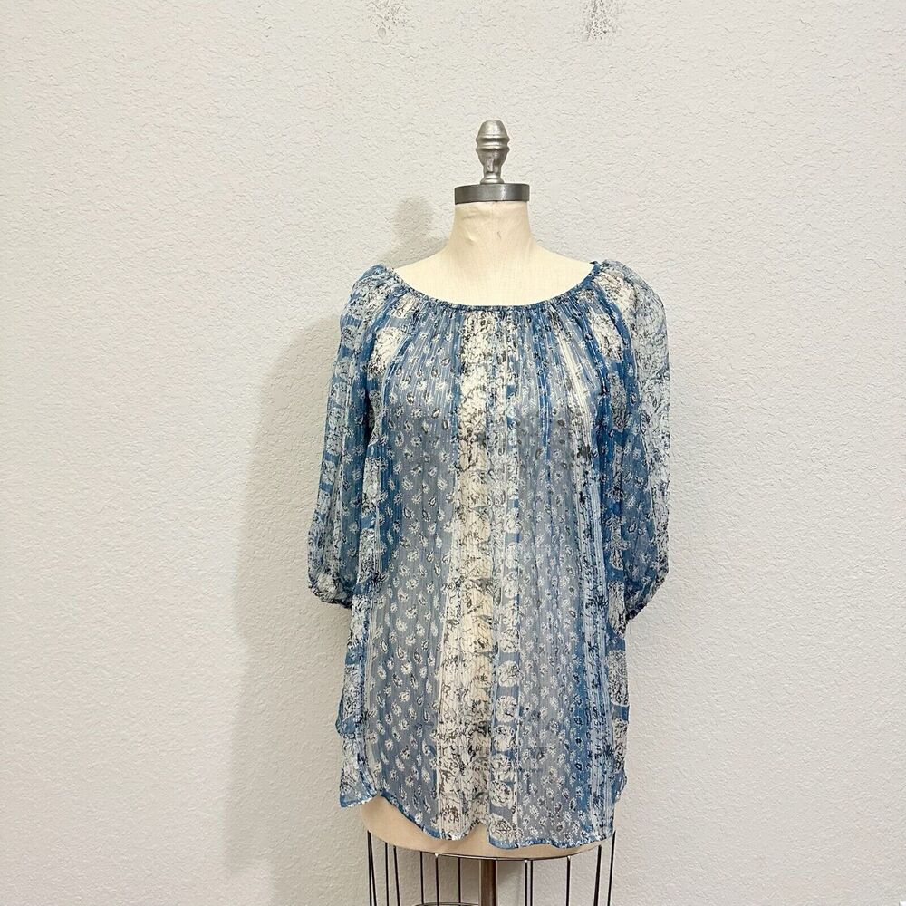 MES DEMOISELLES Bonnie Top Blue Metallic Paisley Puff Sleeve Sheer